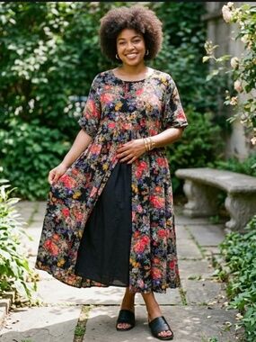 VTG 90s Ulterior Motives Dark Floral Midi Dress L Button Front Tie Back Cottage